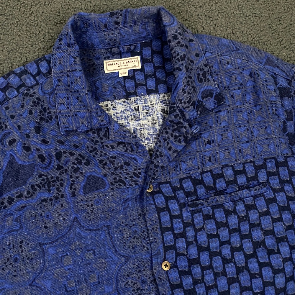 Wallace & Barnes Shirt Men Large Blue Patchwork Batik Ramie Cotton Camp B0869